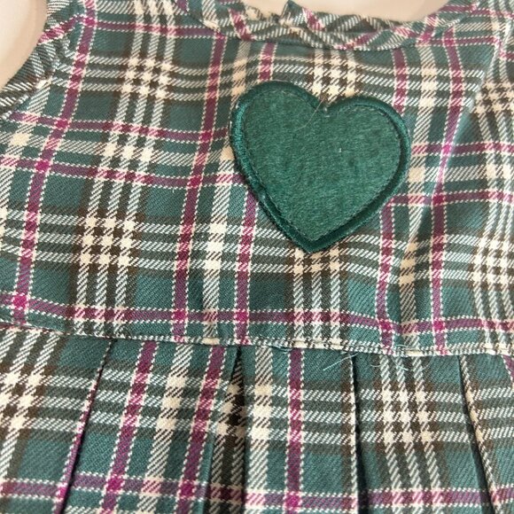 Vintage Baby Gap Green Purple Plaid Jumper Dress Sz 3-6 M Pleated Heart Applique - Picture 3 of 7